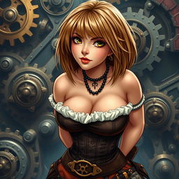 A steampunk dwarf woman with light brown hair styled in a long asymmetrical bob with heavy, blunt bangs