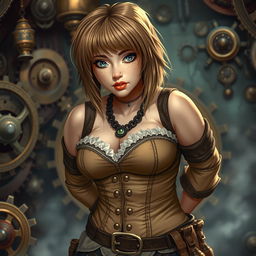 A steampunk dwarf woman with light brown hair styled in a long asymmetrical bob with heavy, blunt bangs