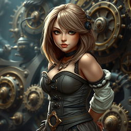 A steampunk dwarf woman with light brown hair styled in a long asymmetrical bob with heavy, blunt bangs
