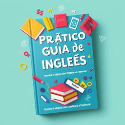 A vibrant book cover design for 'Prático Guia de Inglês: Domine o Idioma com Confiança e Fluência!' The cover features a dynamic arrangement of books, notebooks, and various language elements such as letters, symbols, and phrases that evoke the English language