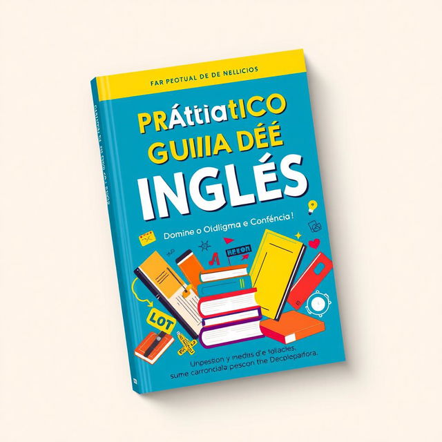 A vibrant book cover design for 'Prático Guia de Inglês: Domine o Idioma com Confiança e Fluência!' The cover features a dynamic arrangement of books, notebooks, and various language elements such as letters, symbols, and phrases that evoke the English language