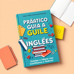 A vibrant book cover design for 'Prático Guia de Inglês: Domine o Idioma com Confiança e Fluência!' The cover features a dynamic arrangement of books, notebooks, and various language elements such as letters, symbols, and phrases that evoke the English language