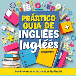 A vibrant book cover design for 'Prático Guia de Inglês: Domine o Idioma com Confiança e Fluência!' The cover features a dynamic arrangement of books, notebooks, and various language elements such as letters, symbols, and phrases that evoke the English language