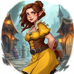 A beautifully illustrated character design of a curvy female dwarf with freckles and brown hair, inspired by Jane Porter