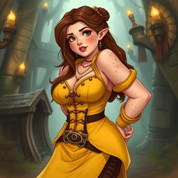 A beautifully illustrated character design of a curvy female dwarf with freckles and brown hair, inspired by Jane Porter