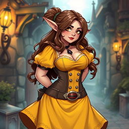 A beautifully illustrated character design of a curvy female dwarf with freckles and brown hair, inspired by Jane Porter