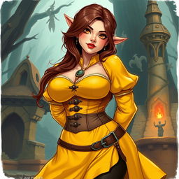 A beautifully illustrated character design of a curvy female dwarf with freckles and brown hair, inspired by Jane Porter