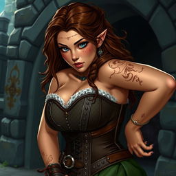 A sexy, curvy dwarf woman with freckles and brown hair, inspired by Jane Porter, wearing a detailed corset that accentuates her wide hips and broad shoulders