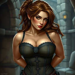 A sexy, curvy dwarf woman with freckles and brown hair, inspired by Jane Porter, wearing a detailed corset that accentuates her wide hips and broad shoulders