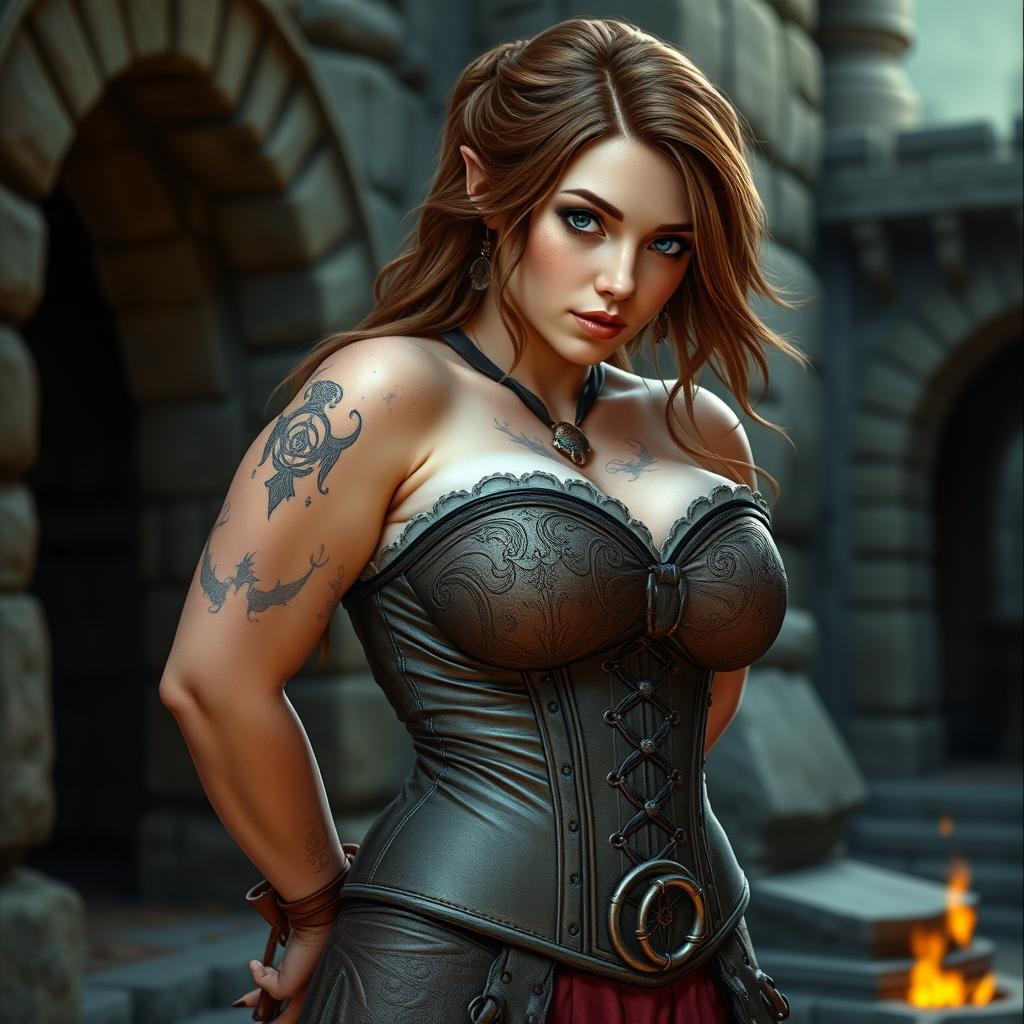 A sexy, curvy dwarf woman with freckles and brown hair, inspired by Jane Porter, wearing a detailed corset that accentuates her wide hips and broad shoulders