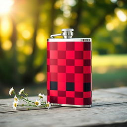 A stylish single-serve checked ruby flask, elegantly designed with a vibrant red and black checkered pattern, made of sleek stainless steel