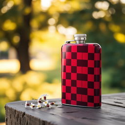 A stylish single-serve checked ruby flask, elegantly designed with a vibrant red and black checkered pattern, made of sleek stainless steel
