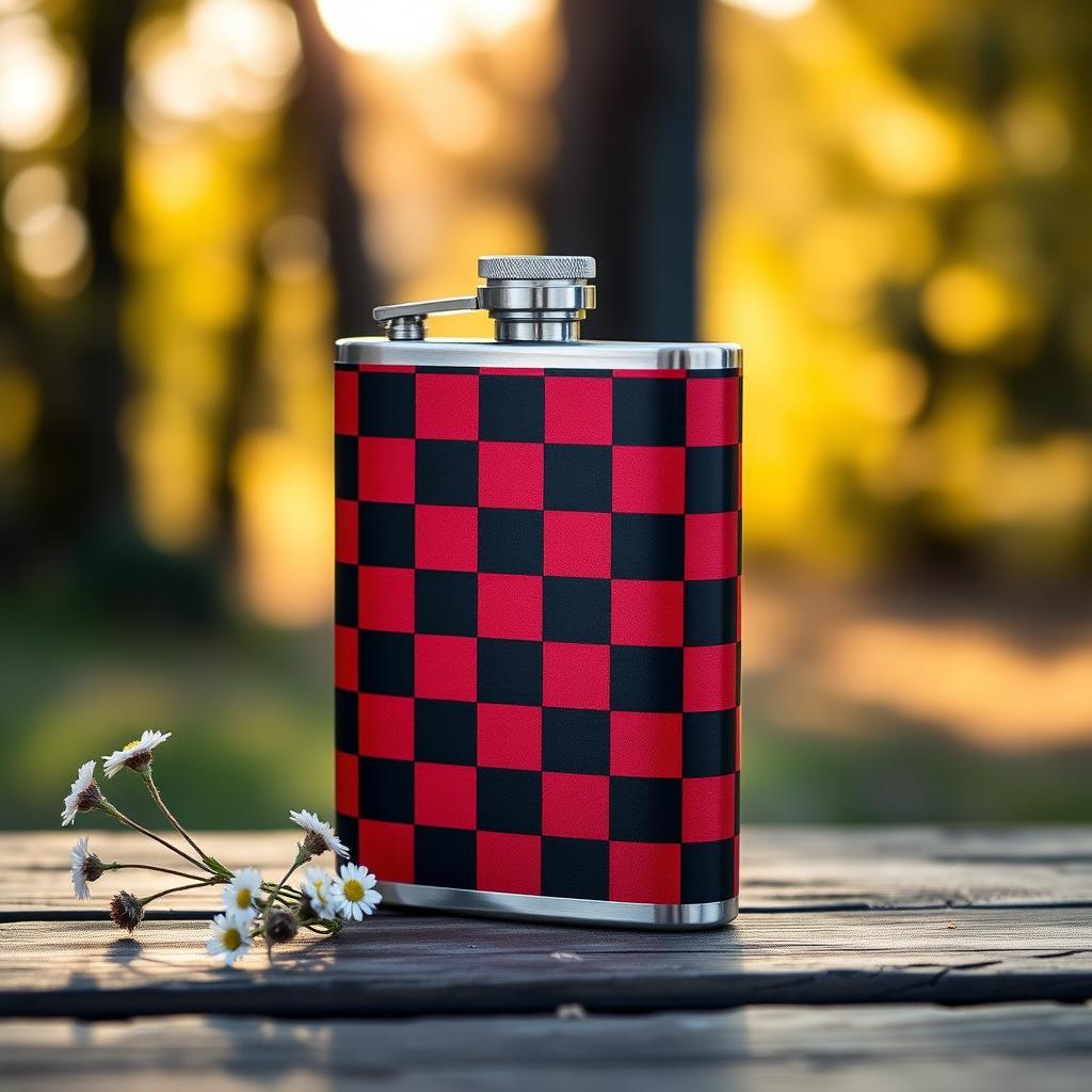 A stylish single-serve checked ruby flask, elegantly designed with a vibrant red and black checkered pattern, made of sleek stainless steel