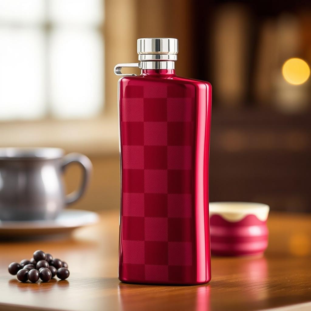 A beautifully designed checked ruby tea flask meant for one person, showcasing a rich ruby red color with a checkered pattern