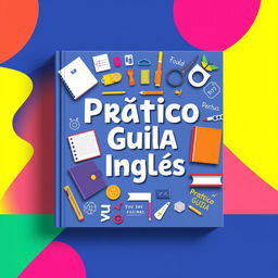 A vibrant book cover design for 'Prático Guia de Inglês'