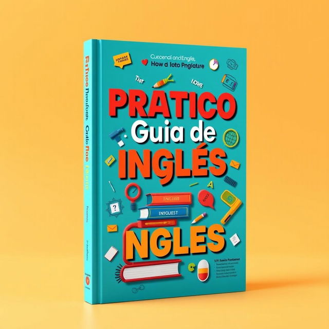 A vibrant book cover design for 'Prático Guia de Inglês'