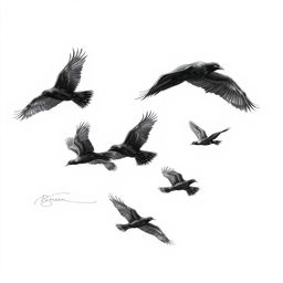 An expressive pencil sketch of a flock of black birds in flight, capturing their dramatic silhouettes against a softly shaded background