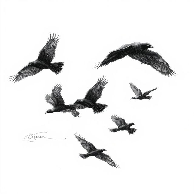 An expressive pencil sketch of a flock of black birds in flight, capturing their dramatic silhouettes against a softly shaded background