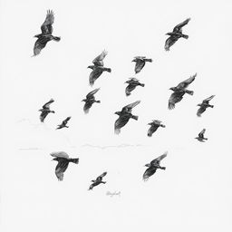 An expressive pencil sketch of a flock of black birds in flight, capturing their dramatic silhouettes against a softly shaded background
