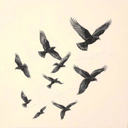 An expressive pencil sketch of a flock of black birds in flight, capturing their dramatic silhouettes against a softly shaded background