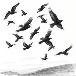 An expressive pencil sketch of a flock of black birds in flight, capturing their dramatic silhouettes against a softly shaded background