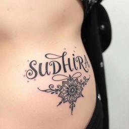 An artistic and intricate side tattoo featuring the title "SUDHIRA" in elegant, flowing script