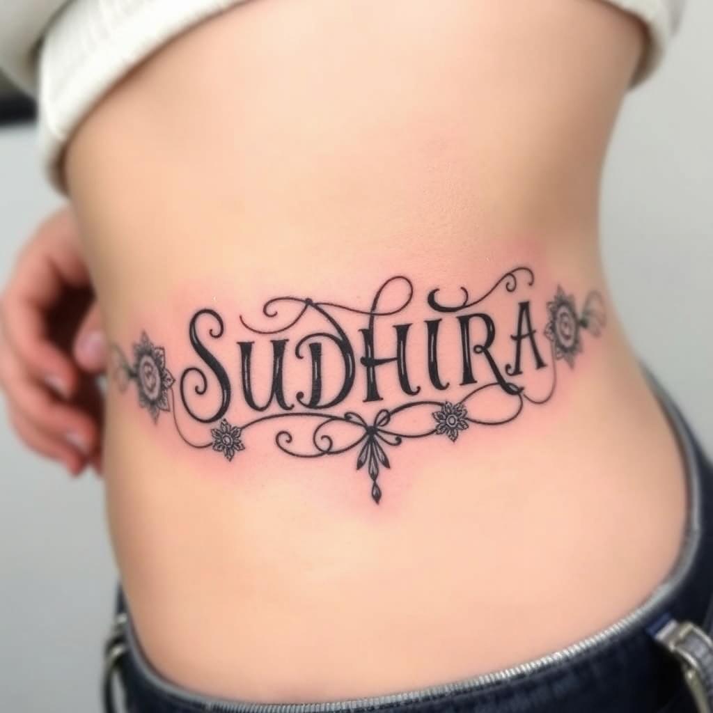 An artistic and intricate side tattoo featuring the title "SUDHIRA" in elegant, flowing script