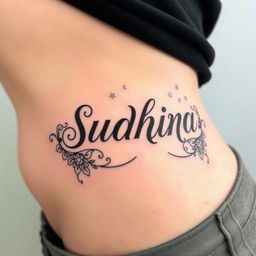 An artistic and intricate side tattoo featuring the title "SUDHIRA" in elegant, flowing script