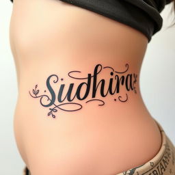 An artistic and intricate side tattoo featuring the title "SUDHIRA" in elegant, flowing script