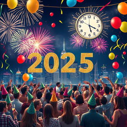 A vibrant and festive New Year 2025 celebration scene, featuring fireworks lighting up the night sky over a city skyline