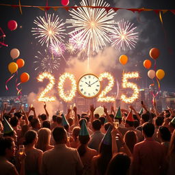 A vibrant and festive New Year 2025 celebration scene, featuring fireworks lighting up the night sky over a city skyline