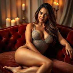 A glamorous and sultry woman lounging seductively on a plush velvet couch, wearing an elegant lace lingerie set that accentuates her curves