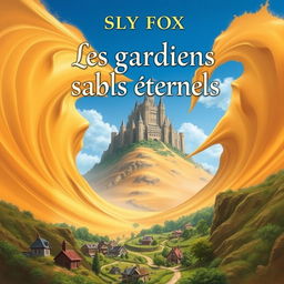 A fantasy book cover titled "Les gardiens des sables éternels" by author "Sly Fox", featuring a majestic castle atop a sand dune, surrounded by swirling golden sands and a clear blue sky