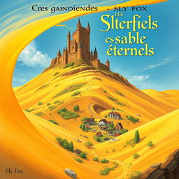 A fantasy book cover titled "Les gardiens des sables éternels" by author "Sly Fox", featuring a majestic castle atop a sand dune, surrounded by swirling golden sands and a clear blue sky