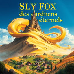 A fantasy book cover titled "Les gardiens des sables éternels" by author "Sly Fox", featuring a majestic castle atop a sand dune, surrounded by swirling golden sands and a clear blue sky