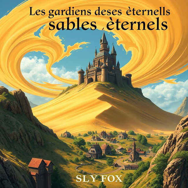 A fantasy book cover titled "Les gardiens des sables éternels" by author "Sly Fox", featuring a majestic castle atop a sand dune, surrounded by swirling golden sands and a clear blue sky