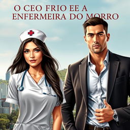 A romantic book cover featuring a stunning young nurse with long, dark hair, exuding warmth and compassion