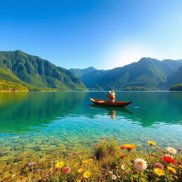 A serene landscape depicting a tranquil lake surrounded by lush green mountains under a clear blue sky