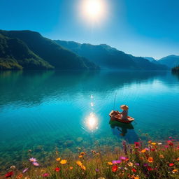 A serene landscape depicting a tranquil lake surrounded by lush green mountains under a clear blue sky