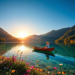 A serene landscape depicting a tranquil lake surrounded by lush green mountains under a clear blue sky