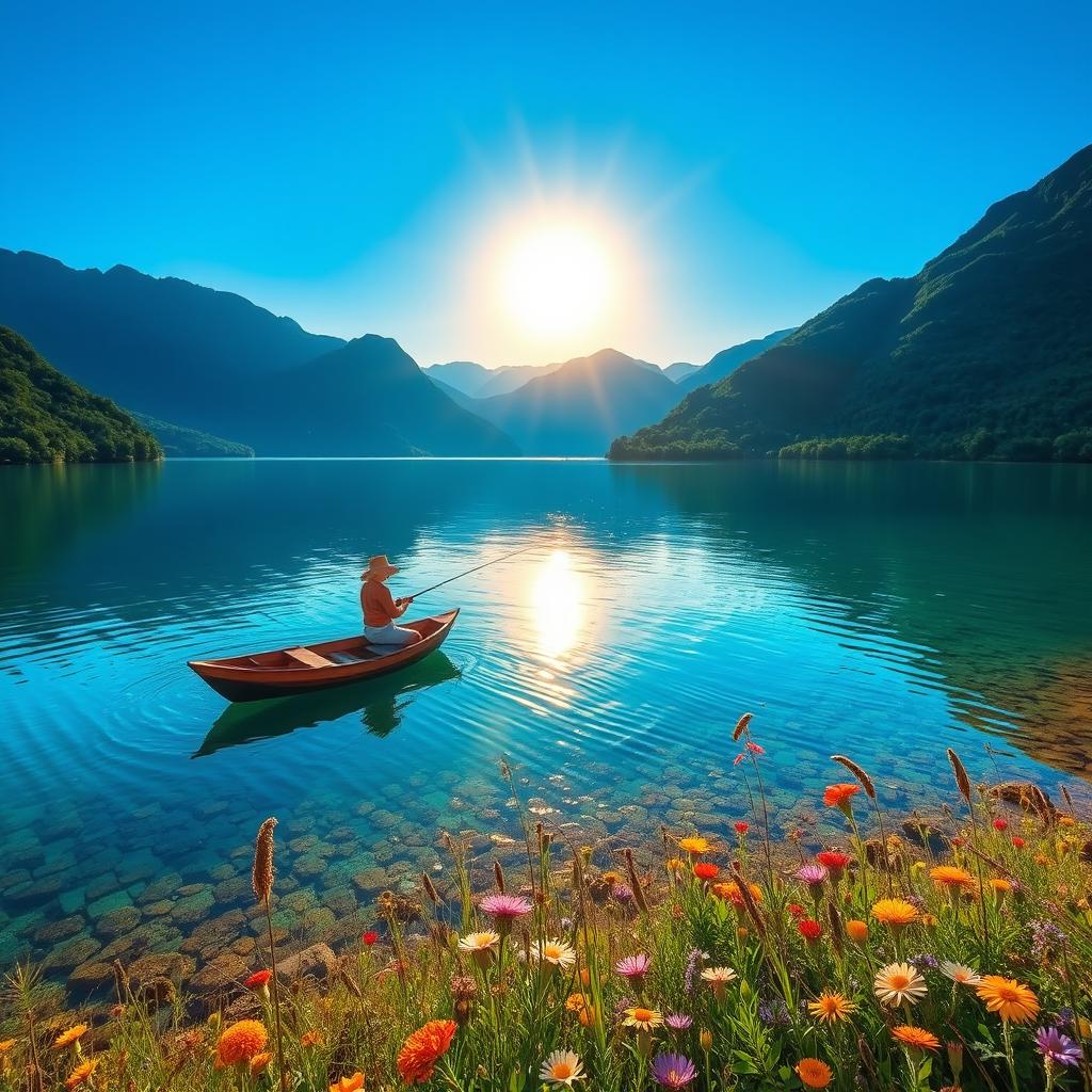 A serene landscape depicting a tranquil lake surrounded by lush green mountains under a clear blue sky