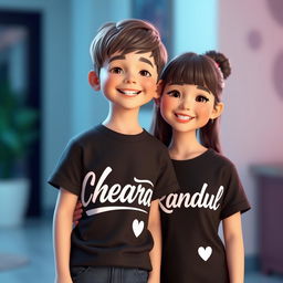 A boy and a girl standing closely together, both wearing black t-shirts