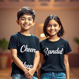 A boy and a girl standing closely together, both wearing black t-shirts