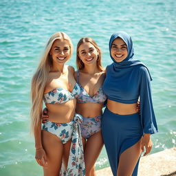 Two white-skinned, 35-year-old women with long hair, embodying wlw (women loving women) vibes, dressed in fashionable two-piece bandeau and one-shoulder swimsuits, alongside high-neck bikini tops, reflecting Islamic-inspired aesthetics