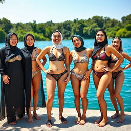 A group of women wearing high-neck bikinis with Islamic designs and motifs, standing confidently next to each other by a serene body of water