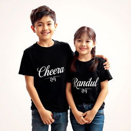 A boy and a girl standing together in a warm and friendly pose, both wearing black t-shirts