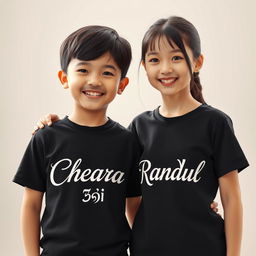 A boy and a girl standing together in a warm and friendly pose, both wearing black t-shirts