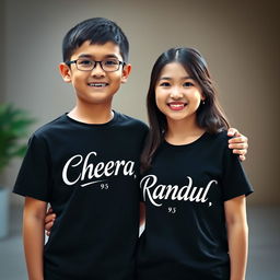 A boy and a girl standing together in a warm and friendly pose, both wearing black t-shirts
