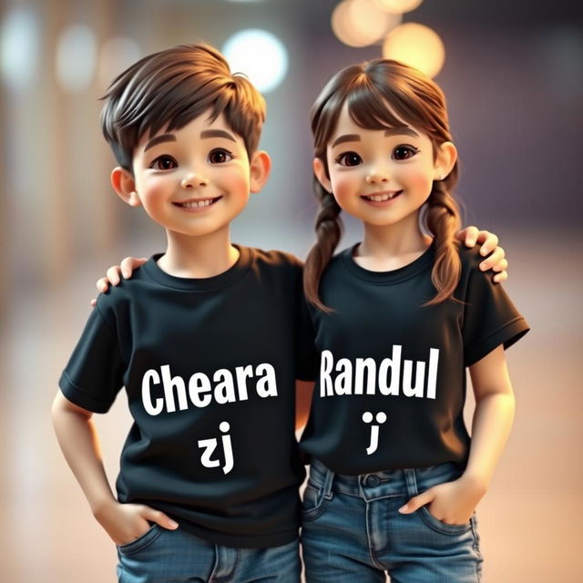 A boy and a girl standing together in a playful and friendly pose