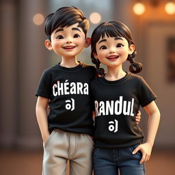 A boy and a girl standing together in a playful and friendly pose